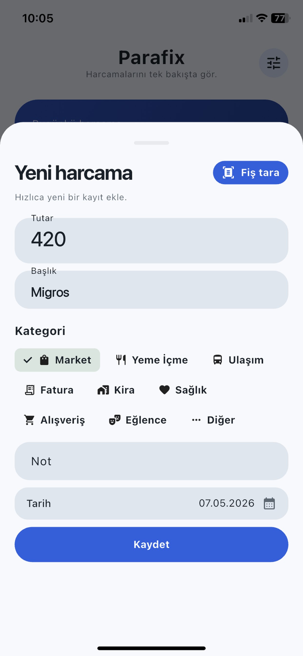 Fiş tara butonu ve Migros harcaması doldurulmuş yeni harcama ekranı