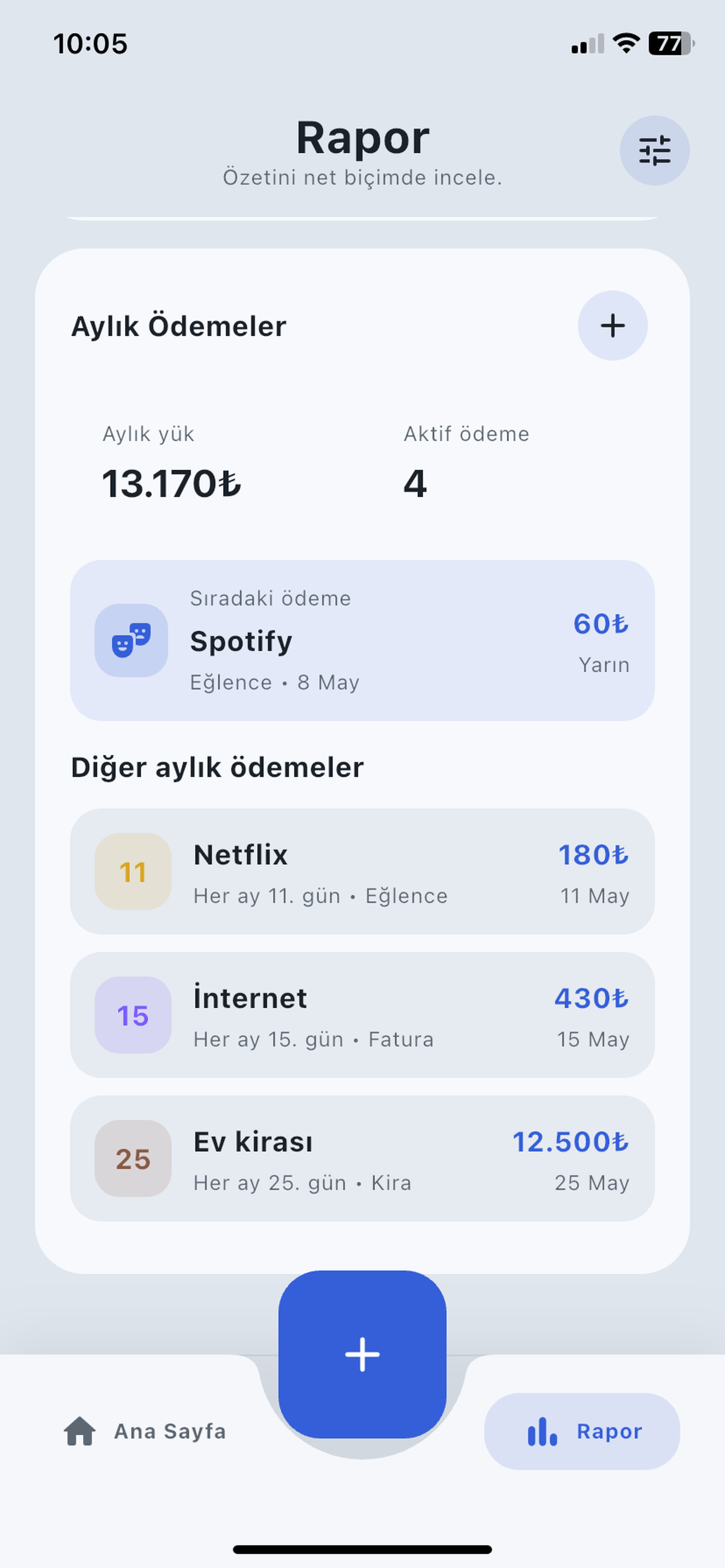 Parafix aylık ödemeler ekranı: sıradaki ödeme, abonelikler, internet ve kira